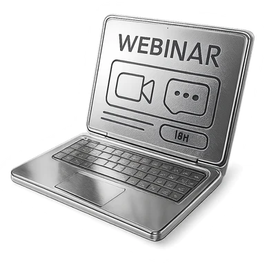 stylized chrome laptop with a webinar interface on the screen, futuristic and shiny sticker