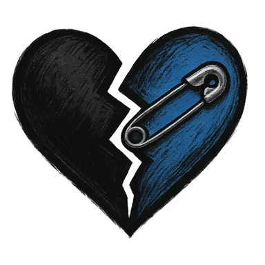 emo emoji, jagged heart, black and blue, small safety pin, modern emo aesthetic sticker