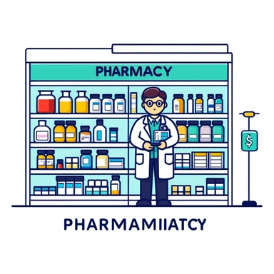 pharmacy shelves, pharmacist, sign sticker