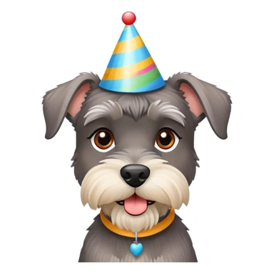 A schnauzer dog wearing a colorful birthday hat sticker