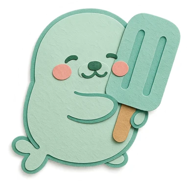 chibi refrigerator-seal hybrid, hugging a popsicle, blushing, soft mint palette, full-body sticker