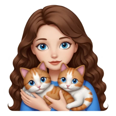 girl with long wavy brown hair, blue eyes, long lashes makeup, cuddling with 6 cute cats sticker