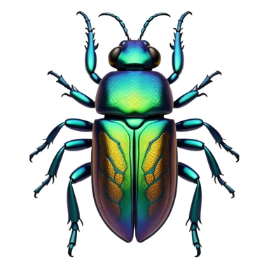 Cinematic Noble Beetle Portrait Emoji, Poised and robust, with a shiny, metallic exoskeleton in deep, iridescent hues and intricately detailed patterns, sharp, focused eyes and a sturdy, commanding form, Simplified yet sharply defined features, highly detailed, glowing with a cool, reflective luminescence, high shine, intelligent and resilient, stylized with an air of natural armor, focused and alert, soft glowing outline, capturing the essence of a watchful beetle that appears ready to crawl out of the screen with effortless strength! sticker