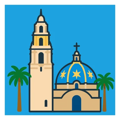 Add palm trees to the apple-style emoji of the California Tower in San Diego, keeping the blue sky background and simplified emoji style. Maintain the look of an apple style emoji with clear, simple shapes and colors. sticker