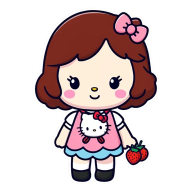 Strawberry shortcake hello kitty girl with dark brown hair and freckles  sticker