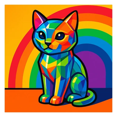 3D glass statue of a cat with rainbow colors in the background sticker