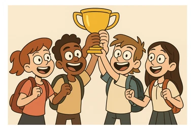 quatre jeunes étudiants, deux filles deux garçons, brandissant un trophée, style flat design moderne sticker