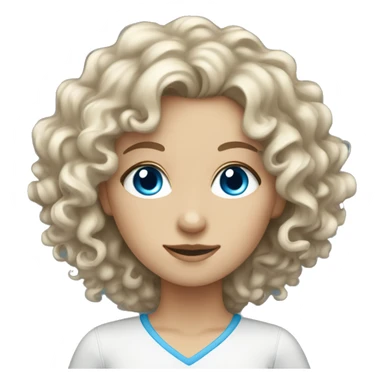 A white girl with curly hair and blue eyes is working on a laptop sticker