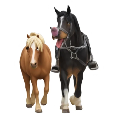 A horse and a dog on one photo, walking in the trees in winter time with fun  sticker