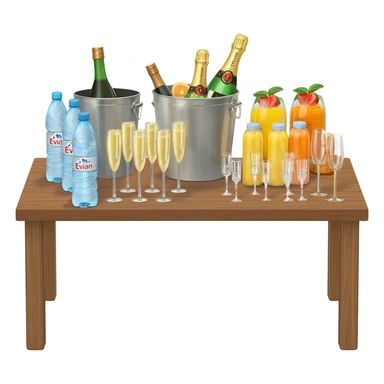 Our table was stacked with large bins filled with bottles of liquor and champagne, little Evian waters and juices, and rows of champagne flutes and glasses. sticker