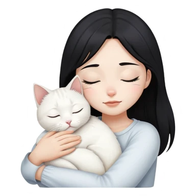 a black hair closing eyes girl hugs one white jinjila cat,the cat’s eyes are open sticker