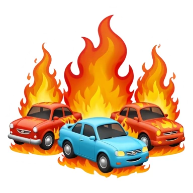 A 3D cartoon scene of cars on fire with smoke rising, chaotic atmosphere, realistic lighting, Memoji-style. sticker
