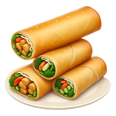 Cinematic Realistic Spring Rolls Dish Emoji, featuring golden, crispy rolls filled with fresh vegetables rendered with detailed textures and warm natural lighting. sticker