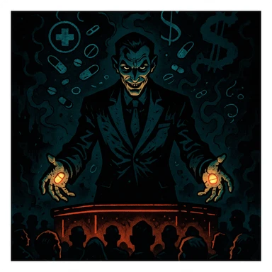 A sinister charismatic man in a tailored suit hypnotizing a crowd with glowing pills in his hands, swirling pharmaceutical symbols in the air, dark smoke forming dollar signs, gothic atmosphere, neon-lit stage, cinematic lighting, hyper-detailed, in the style of Mike Mignola meets cyber-noir. sticker