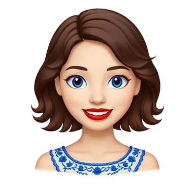 Cheerful woman with clear skin, round face, wide friendly smile, big light brown eyes, vibrant red lipstick, shoulder-length wavy dark brown hair, white top with blue embroidery and electric blue neckline sticker