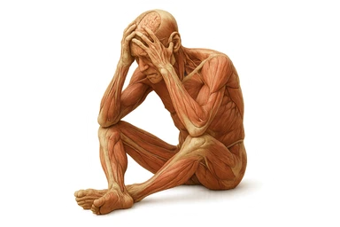 corpo umano anatomico realistico seduto a terra con postura delle spalle chiuse, mani sulla fronte ed espressione disperata in volto, isolato su sfondo bianco sticker