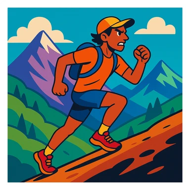 mountain trail runner, vibrant toon style, running uphill, determined expression, mountain landscape sticker