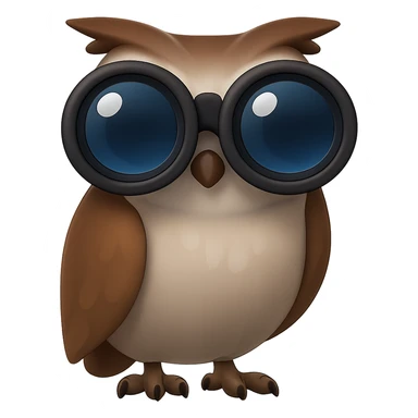 Сова смотрит в прямо на зрителя в бинокль, прозрачный фон sticker