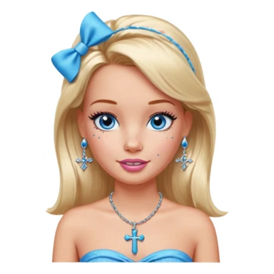 Barbie emoji with earrings and nose piercings and a cross necklace and blue eyes with bow in hair and tube top and long lashes with freckles  sticker