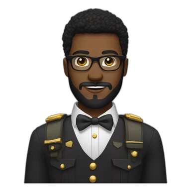 black soldier with beard, part in black hair, white collared shirt, bow tie, gold frame glasses, bulletproof vest  sticker