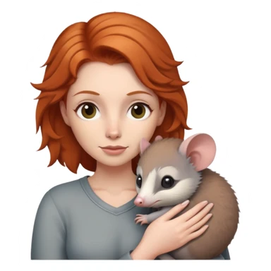 Ginger haired woman holding gray possum sticker