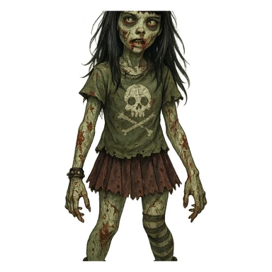 zombie girl with light skin, long black hair with bangs, unique style, detailed character design sticker