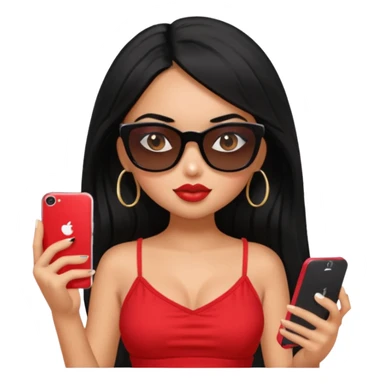 generate a pretty bratz girl with black hair, black sunglasses and a phone, red cami top sticker