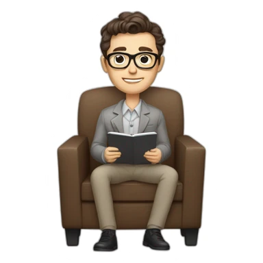 Pale skinned Fit Man With dark brown hair in gray jacket, beige office shirt, Brown pants and vintage glasses sitting In a soft chair with a notebook with emblem Ψ and a pen in his hands sticker