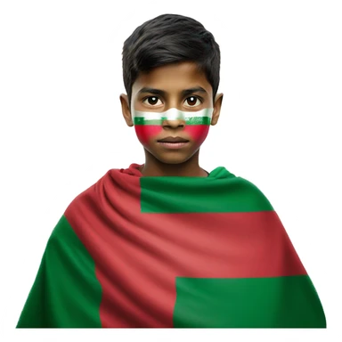 Bangladesh flag behind, a 18 year young boy in front , red cloth covering his face sticker