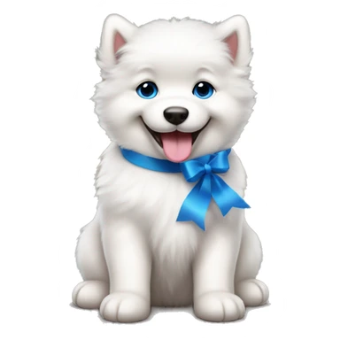 Samoyed puppy with big eyes and tongue smiling with blue Ribbon 
 sticker