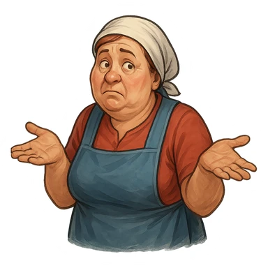 В позе этого мема сгенерируй типичную российскую продавшицу в продуктовом магазине, которая недоуменно разводит руками, слегка рисованный, но при этом объемный стиль, прозрачный фон sticker