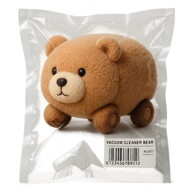 fluffy vacuum cleaner bear rolling adorably with tiny paw wheels, soft brown pastel, full-body sticker