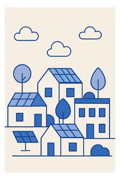a modern village with solar panels, flat blue style sticker