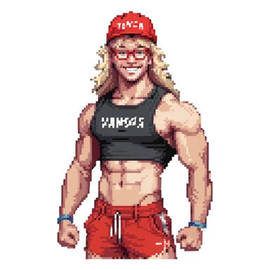 Man with black and white cap with VANOMAS text, bare torso, red shorts, clear glasses, messy light blond mullet hairstyle, smiling and flexing muscles sticker