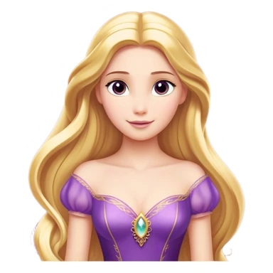 Cinematic Majestic Rapunzel Portrait Emoji, rendered in a clean, vector-style with bold, simplified shapes. Show Rapunzel with a serene, graceful expression, luminous fair skin, and elegantly styled long golden hair, accented by her classic purple gown. The design radiates a majestic, dreamlike glow with high shine and a soft glowing outline, embodying regal beauty. sticker