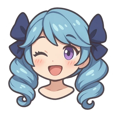 Gwen from League of Legends, happy expression, head only, right eye is purple, chibi style, blushing cheeks sticker