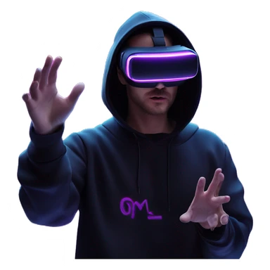 Russian man wearing a black hoodie with "OMG" letters on it and VR headset oculus quest 2 in a cyberpunk VR environment with violet neon lighting. Showing direction with hand sticker