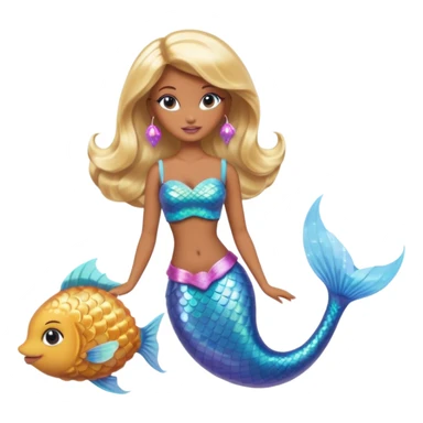 Brown skin blonde hair barbie mermaid with holographic tail  with pufferfish sticker
