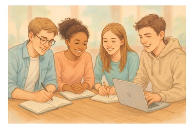 quatre jeunes étudiants, concentrés mais souriants, partageant des idées sur des cahiers et ordinateurs portables, ambiance amicale, fond flou mais agréable, style semi-réaliste, couleurs pastel sticker