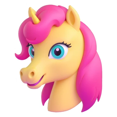 close-up face of pastel yellow pony with pink mane, big teal eyes, shy smile sticker