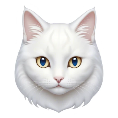 Cinematic Noble White Cat Portrait Emoji, Poised and stately, with a pristine, snow-white fur accented by delicate hints of silver, refined whiskers and a serene, focused gaze, simplified yet impeccably detailed, glowing with an ethereal radiance and timeless elegance, high shine, exuding calm intelligence and regal simplicity, soft glowing outline, capturing the essence of a noble white cat that radiates quiet majesty! sticker