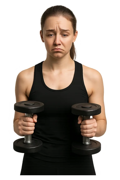 DONNA FITNESS CON MANUBRI DA PALESTRA IN MANO ED ESPRESSIONE TRISTE sticker