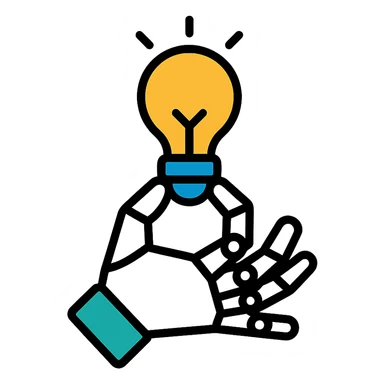 robotic hand holding a lightbulb, tech-inspired style, lineal color icon with black outlines sticker