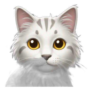 A cat with fluffy White and some Grey hair full in screen and some tiny ears sticker
