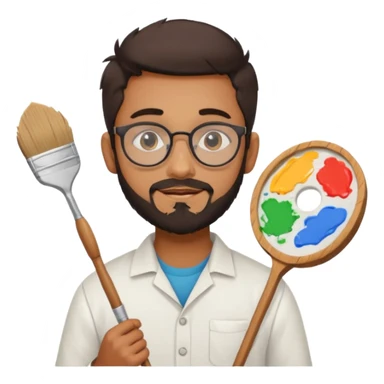 generate an ios genmoji of a 20 year old tan indian boy with rounded spectacles and a whaler beard, carrying a paintbrush and palette sticker