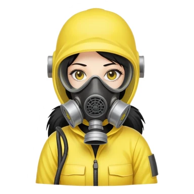 Sticker of a girl with straight black hair, wearing a yellow hazmat suit and a gas mask. Serious atmosphere, cartoon style, radiation danger background. sticker