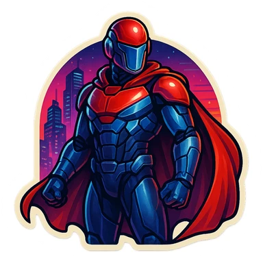 Scarlet Duke from the future, retro sticker style, advanced tech suit, red cape, neon city background, sticker style sticker