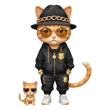 female cat dressed like Run DMC with tracksuit, fedora, Adidas shoes, dark sunglasses, lots of gold chains, rings, bracelets, earrings, upright sticker