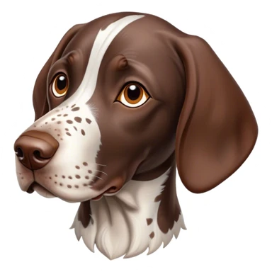 Cinematic Cute German Pointer Portrait Emoji, Playful and charming, soft brown and white tones, Simplified yet expressive features, highly detailed, glowing with a warm, friendly glow, high shine, joyful and loyal, stylized with a touch of whimsy, curious and alert, soft glowing outline, capturing the essence of a playful pup ready for adventure, so endearing it feels like it could jump out of the screen and wag its tail! sticker