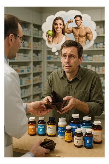 a man stands at a pharmacy counter, handing over a nearly empty wallet to the cashier while the counter is filled with bottles of supplements and vitamins. His expression is hopeful but slightly anxious. In the background, a thought bubble shows exaggerated images of instant health and fitness, symbolizing unrealistic expectations.  in italiano super realistica sticker